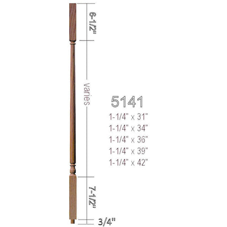 5141 36" Square Top Colonial Balusters, Dimensional Information