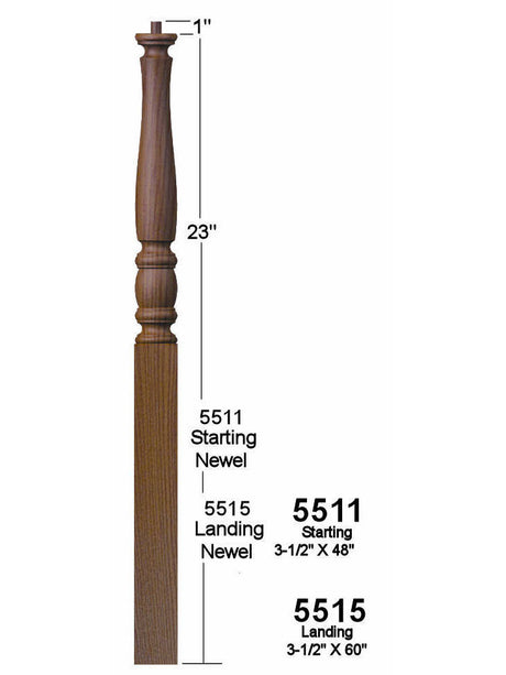 F-5511 Fluted 48" Pin Top Starting Newel Post  Dimensional Information