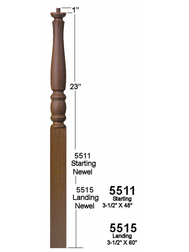 5511 48" Pin Top Starting Utah Classic Newel Post Dimensional Information