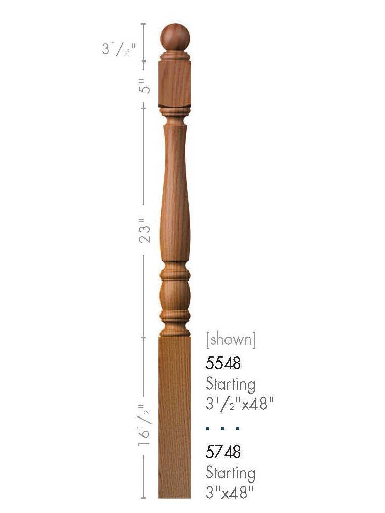 5748 Utah Classic Ball Top Starting Newel Post Dimensional Information