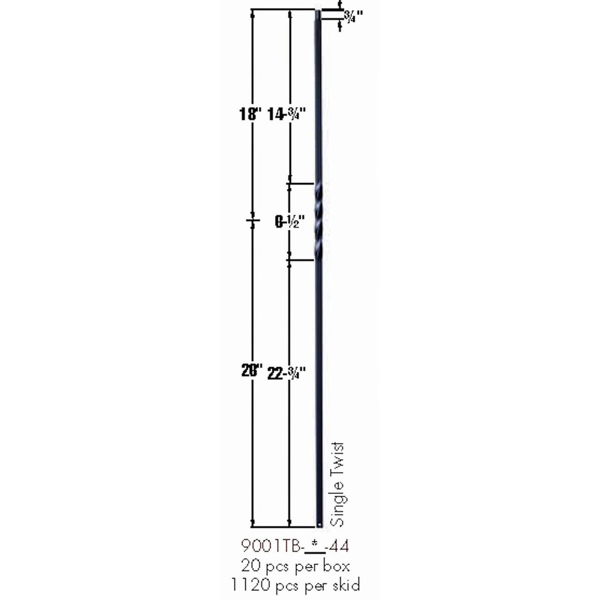 9001TB Satin Black Single Twist Tubular Steel Baluster Dimensional Information
