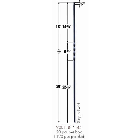 9001TB Satin Black Single Twist Tubular Steel Baluster Dimensional Information