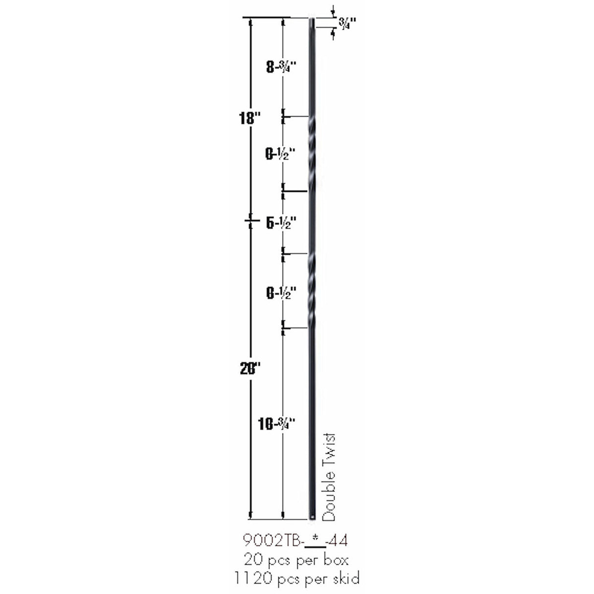SP-9002TB Satin Black Double Twist Tubular Steel Baluster Dimensional Information