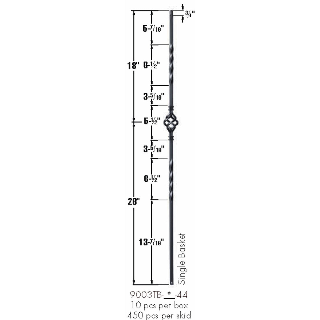 9003TB Single Basket Tubular Steel Baluster Dimensional Information