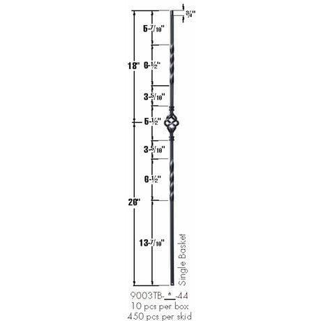 SP-9003TB Satin Black Single Basket Tubular Steel Baluster Dimensional Information