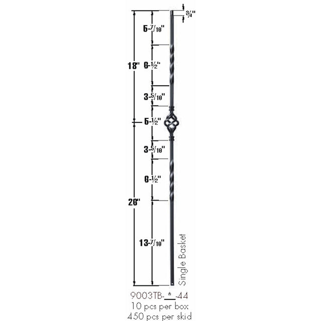SP-9003TB Satin Black Single Basket Tubular Steel Baluster Dimensional Information