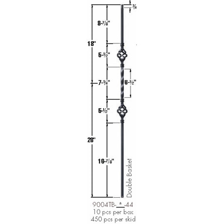 SP-9004TB Satin Black Double Basket Tubular Steel Baluster Dimensional Information