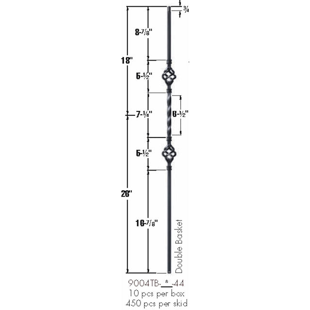 SP-9004TB Satin Black Double Basket Tubular Steel Baluster Dimensional Information