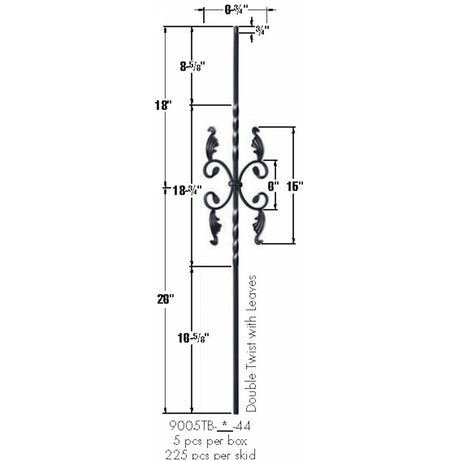 9005TB Two Twist with Leaves Iron Baluster Dimensional Information