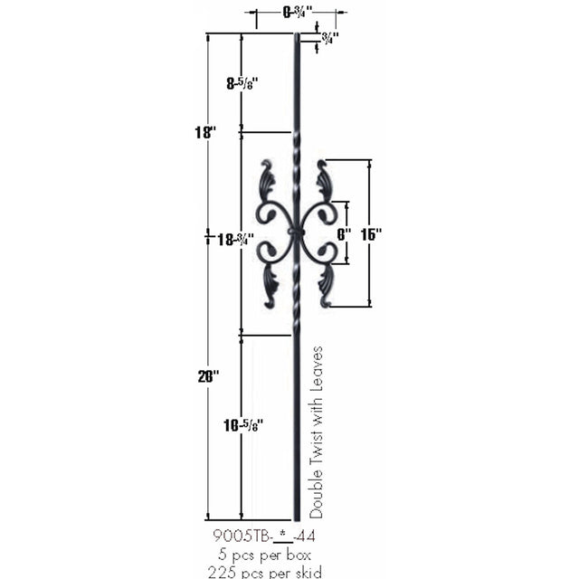 9005TB Two Twist with Leaves Iron Baluster Dimensional Information