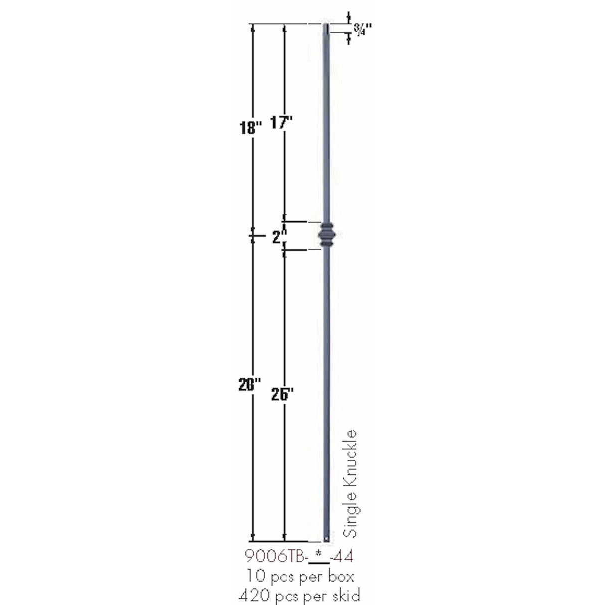 9006TB Single Knuckle Tubular Steel Baluster Dimensional Information