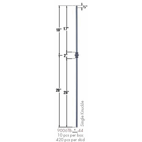 9006TB Single Knuckle Tubular Steel Baluster Dimensional Information
