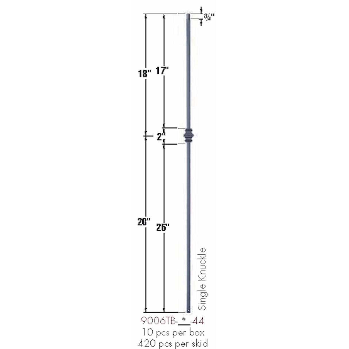SP-9006TB Satin Black Single Knuckle Tubular Steel Baluster Dimensional Information