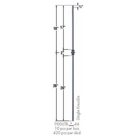 SP-9006TB Satin Black Single Knuckle Tubular Steel Baluster Dimensional Information