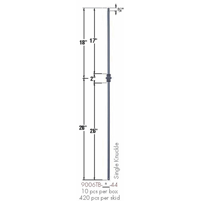 SP-9006TB Satin Black Single Knuckle Tubular Steel Baluster Dimensional Information