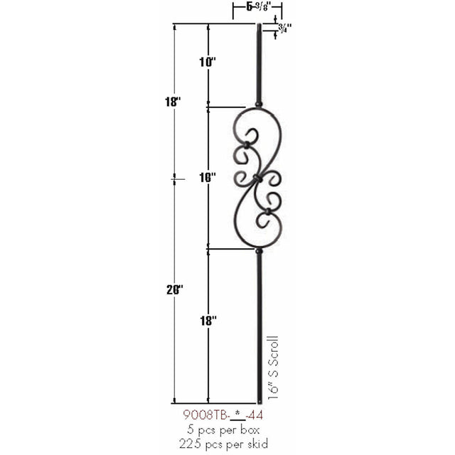 9008TB 16-Inch Feathered S-Scroll Dimensional Information