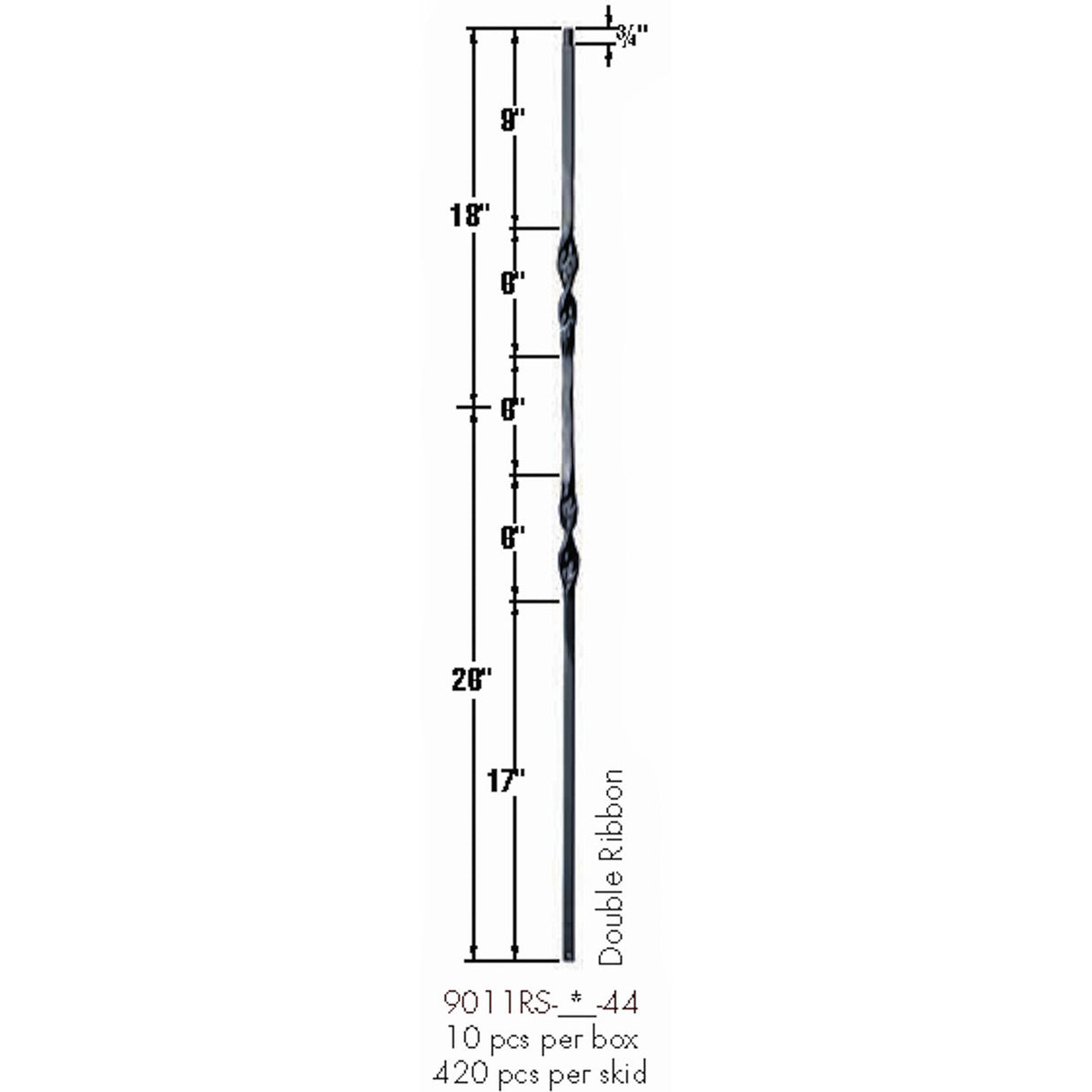 9011RS Double Ribbon Tubular Steel Baluster Dimensional Information