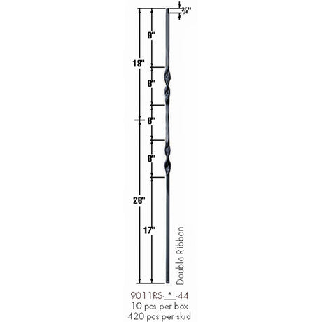 9011RS Double Ribbon Tubular Steel Baluster Dimensional Information