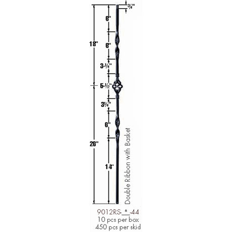 9012RS Double Ribbon Single Basket Tubular Steel Baluster Dimensional Information