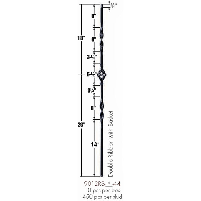9012RS Double Ribbon Single Basket Tubular Steel Baluster Dimensional Information