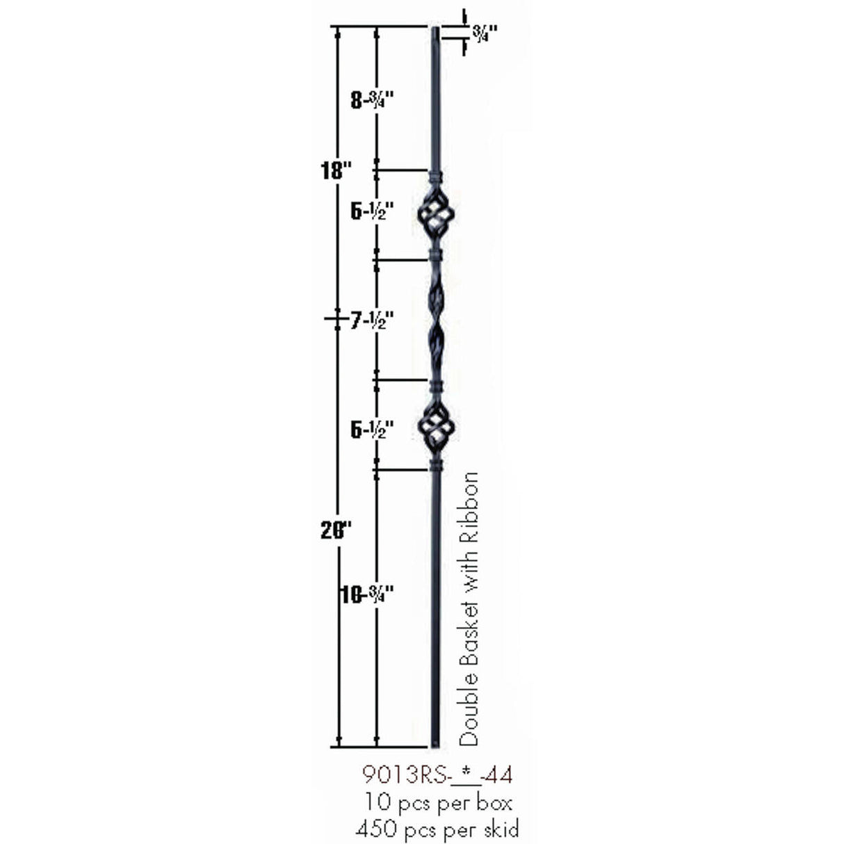 9013RS Double Basket Single Ribbon Tubular Steel Baluster Dimensional Information