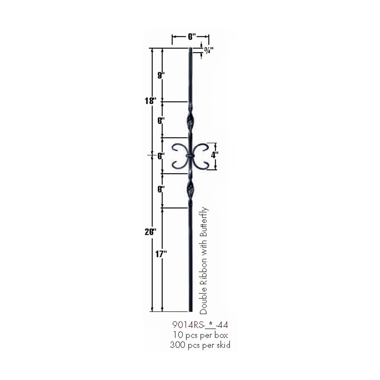 9014RS Double Ribbon and Butterfly Tubular Steel Baluster Dimensional Information