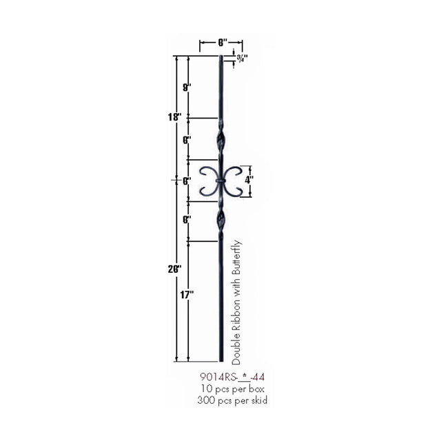 9014RS Double Ribbon and Butterfly Tubular Steel Baluster Dimensional Information