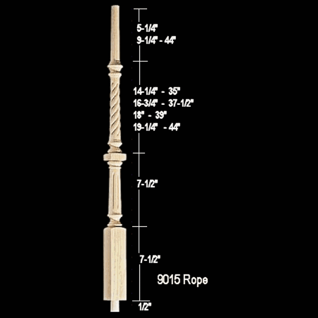 9015R Pin Top Rope Twist Williamsburg Stair Baluster, available in 35", 37-1/2", 39", and 42" lengths