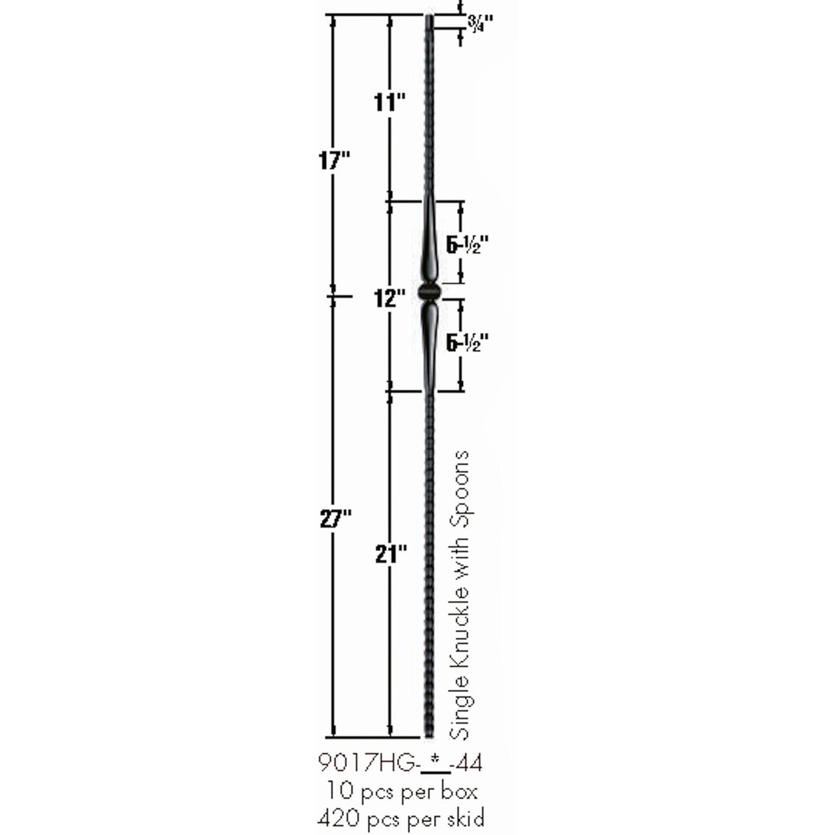 9017HG Gothic Single Knuckle Hammered Baluster Dimensional Information