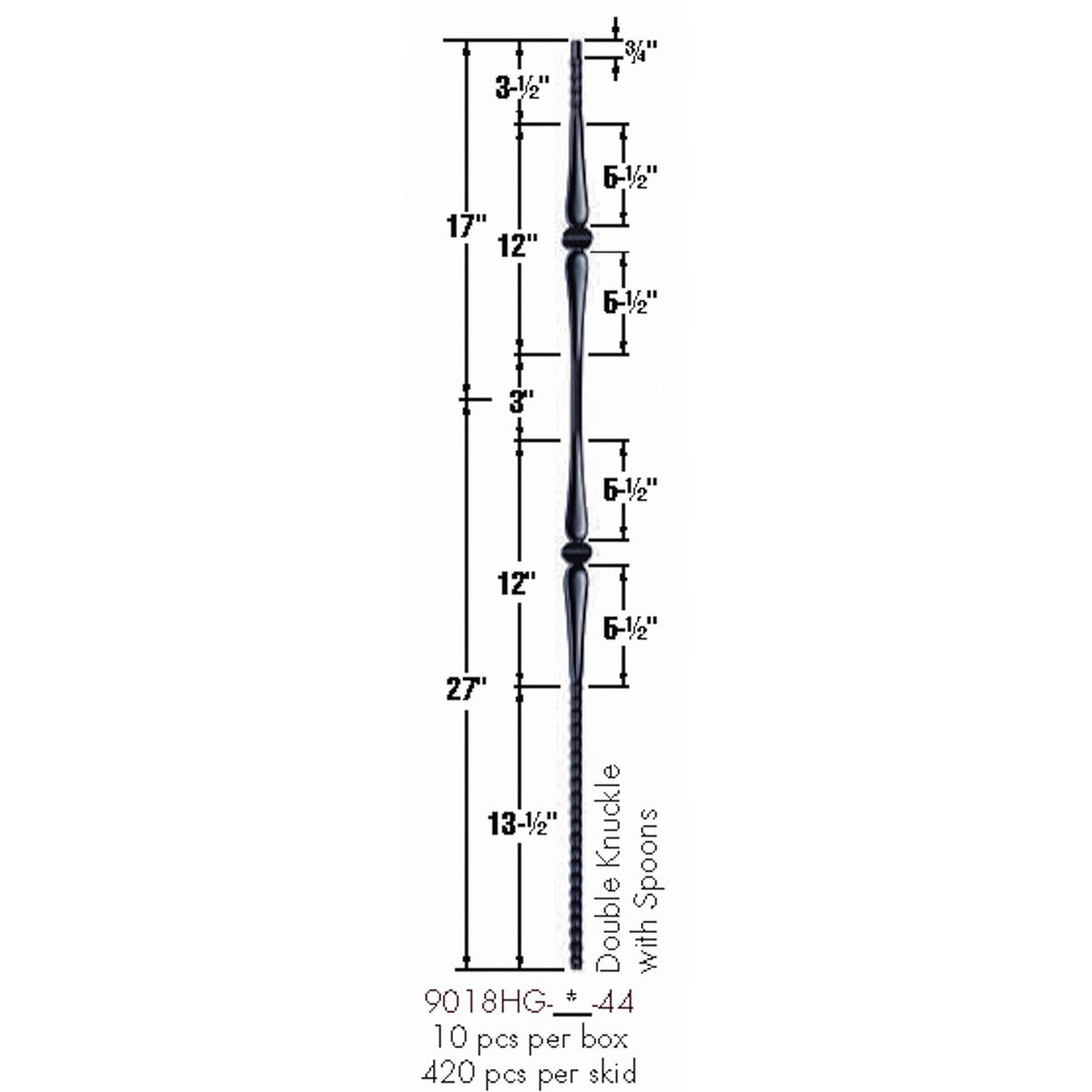 9018HG Gothic Double Knuckle Hammered Baluster Dimensional Information