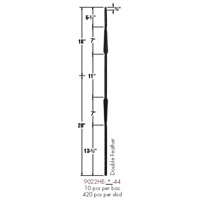 9022HE Double Feather Edge Hammered Baluster Dimensional Information