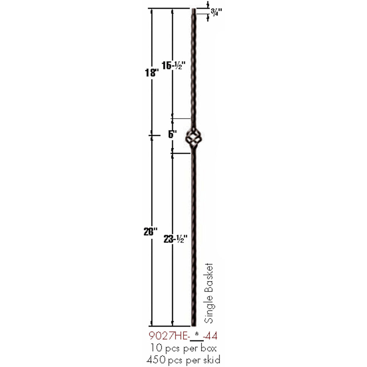 9027HE Single Basket Edge Hammered Baluster Dimensional Information