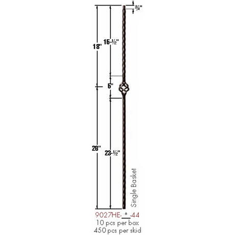 9027HE Single Basket Edge Hammered Baluster Dimensional Information