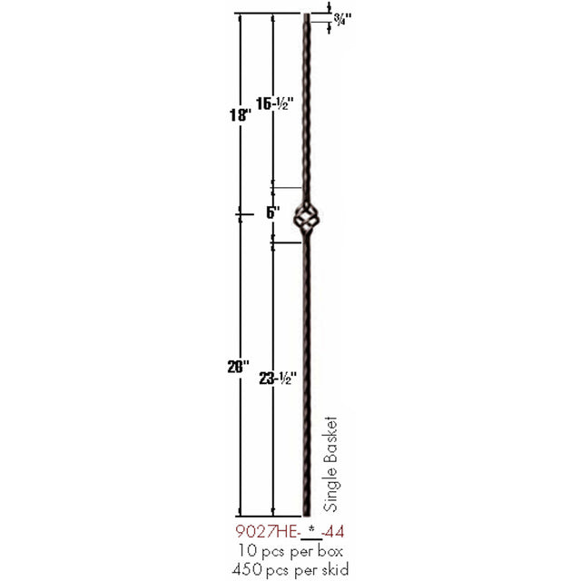 9027HE Single Basket Edge Hammered Baluster Dimensional Information