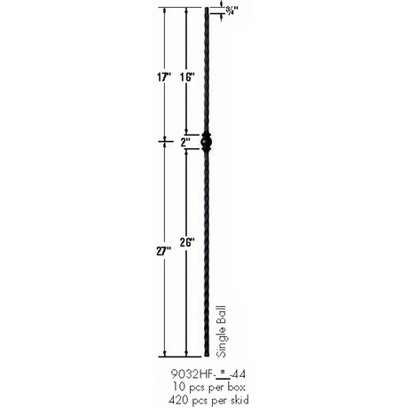 9032HF Single Ball with Hammered Face Baluster Dimensional Information