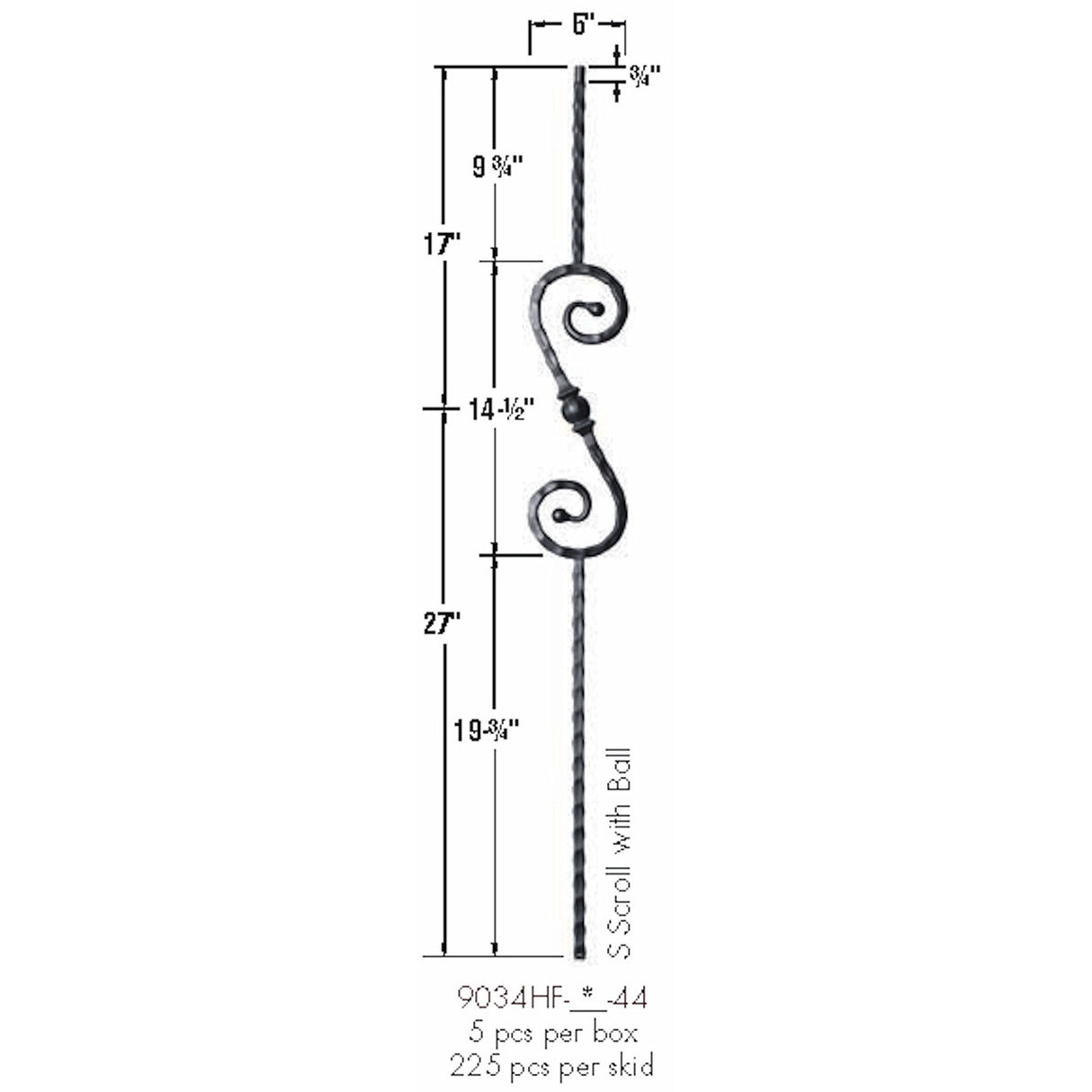9034HF S-Scroll and Ball with Hammered Face Dimensional Information