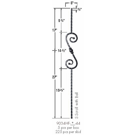 9034HF S-Scroll and Ball with Hammered Face Dimensional Information