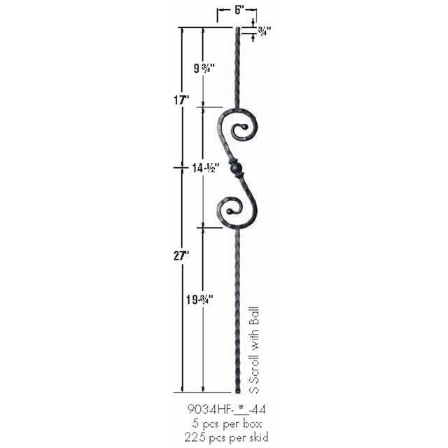 9034HF S-Scroll and Ball with Hammered Face Dimensional Information