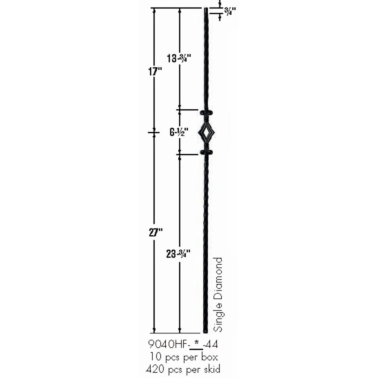 9040HF Single Diamond with Hammered Face Baluster Dimensional Information