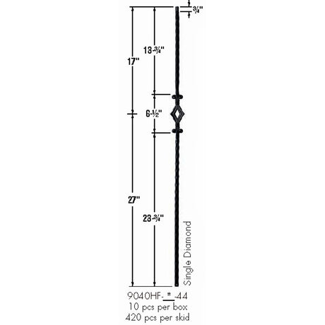 9040HF Single Diamond with Hammered Face Baluster Dimensional Information
