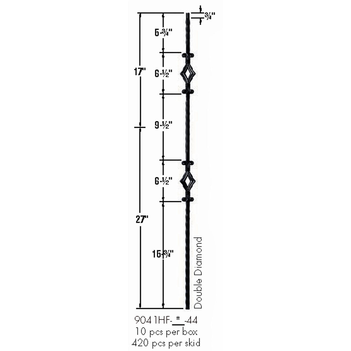 9041HF Double Diamond with Hammered Face Baluster Dimensional Information