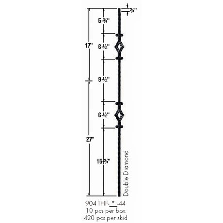 9041HF Double Diamond with Hammered Face Baluster Dimensional Information