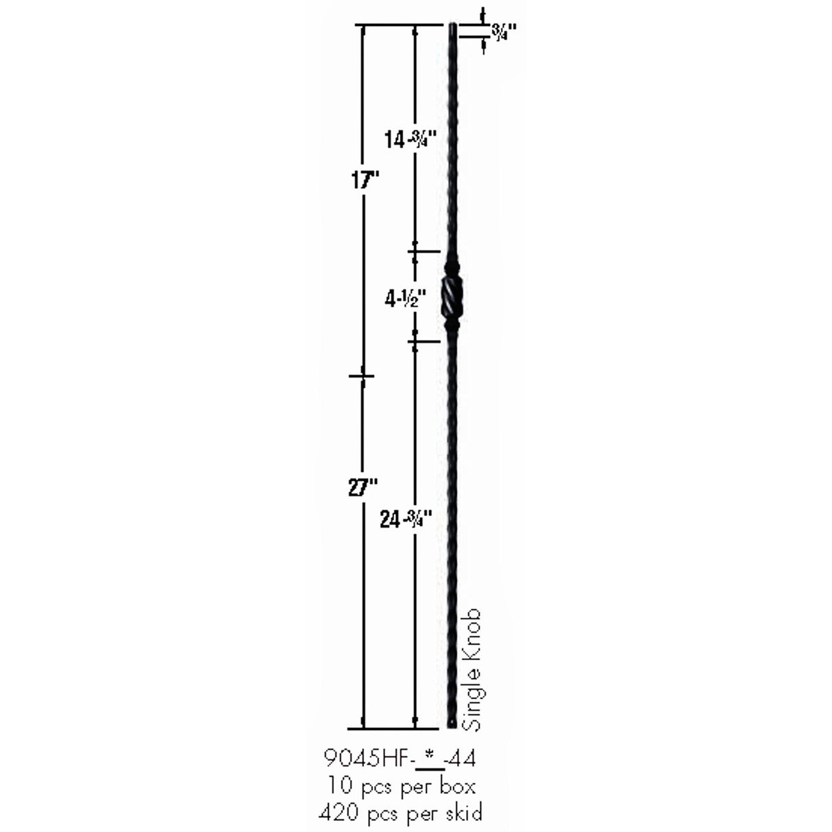 9045HF Single Knob with Hammered Face Baluster Dimensional Information