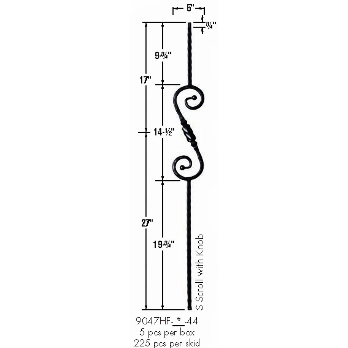 9047HF S-Scroll and Knob with Hammered Face Dimensional Information