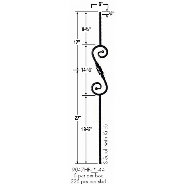 9047HF S-Scroll and Knob with Hammered Face Dimensional Information
