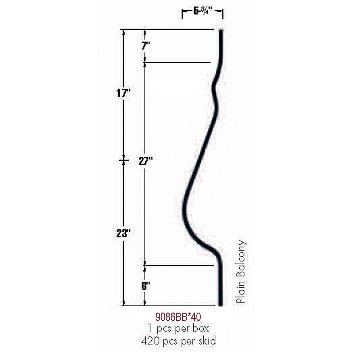 9086BB Plain Balcony Belly Baluster Dimensional Information
