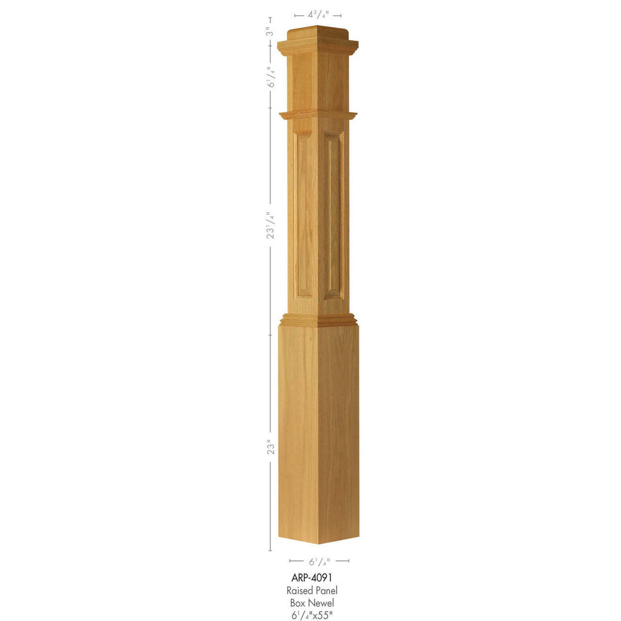 ARP-4091 Actual Raised Panel Box Newel Post, Red Oak