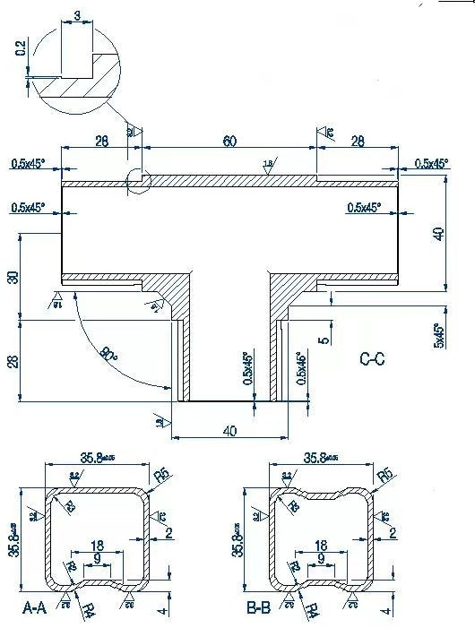 Tee Fitting for Square Rail – 40 x 40 x 2 mm - Satin Black (AX20.008.113.A)
