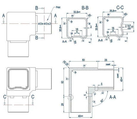 Three Way Fitting for Square Rail – 40 x 40 x 2 mm - Satin Black (AX20.008.114.A.STB)