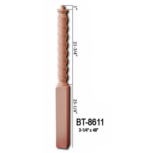 BT-8611 48" Barley Rope Twist Pin Top Newel Post